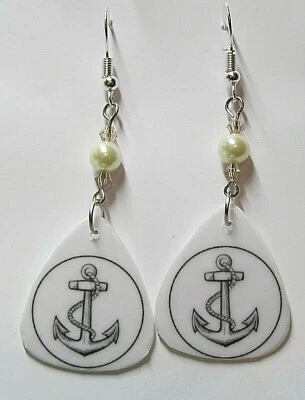 Nautical Anchor Black & White Custom Dangle 2" Hook Earrings - Image 1 of 2