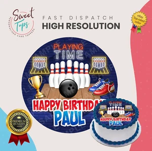 BOWLING ROUND EDIBLE BIRTHDAY CAKE TOPPER DECORATION PERSONALISED - Picture 1 of 1