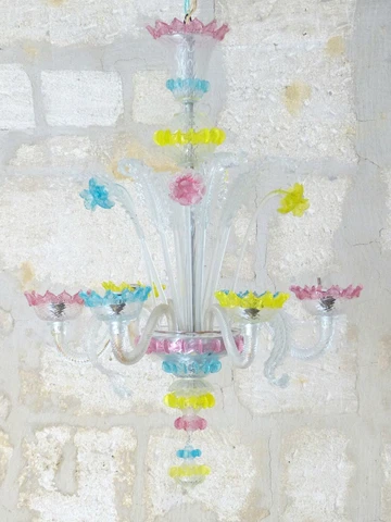 Antique Venitian Murano Chandelier Hand Blown Multicolor 1940 Italian Ceiling Cover