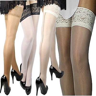 Halterlose Braut Strümpfe breite Spitze weiß creme Hochzeit m Lycra S-XXL 36-52 - Bild 1 von 4