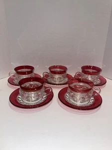 5 Vintage Tiffin KINGS CROWN Ruby Red Thumbprint Cup & Saucer’s Mint! - Picture 1 of 6