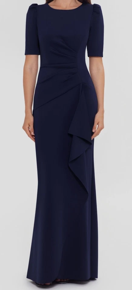 Xscape Women's Blue Ruched A-Line Gown Dress Size 14