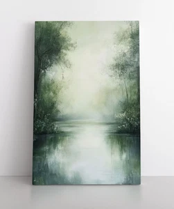 Arte de pared abstracto de lienzo enmarcado impresión de pintura verde paisaje acuático bosque de ensueño - Imagen 1 de 15