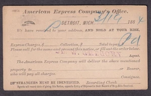 1884 Postkarte American Express Company Detroit Gebühren bezahlt W Gregory Agent - Bild 1 von 2