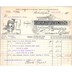 Seltzer-Klahr Hardware Philadelphia 1907 membrete recibo D11 - Imagen 1 de 2