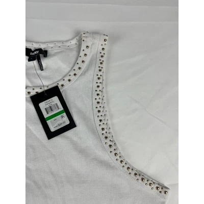 Camiseta sin mangas DKNY para mujer acanalada con tachuelas blanca talla L precio de venta sugerido por el fabricante 69,00 USD Foto 1 de 4