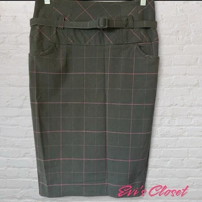 Forever 21 Women's Black Red Striped Belted Plaid Pencil Skirt Sz M - Image 1 of 4