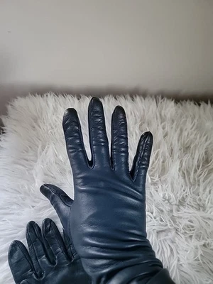 Women's Size 7.5 Navy Blue Genuine Leather Gloves Silk Lined Elbow Length  - Image 1 of 4
