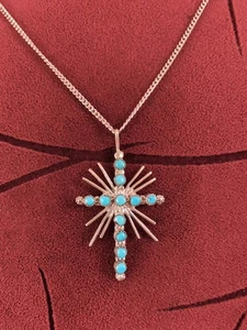 Vintage Needlepoint Starburst Sterling Silver Turquoise Cross Chain Necklace - Picture 1 of 11