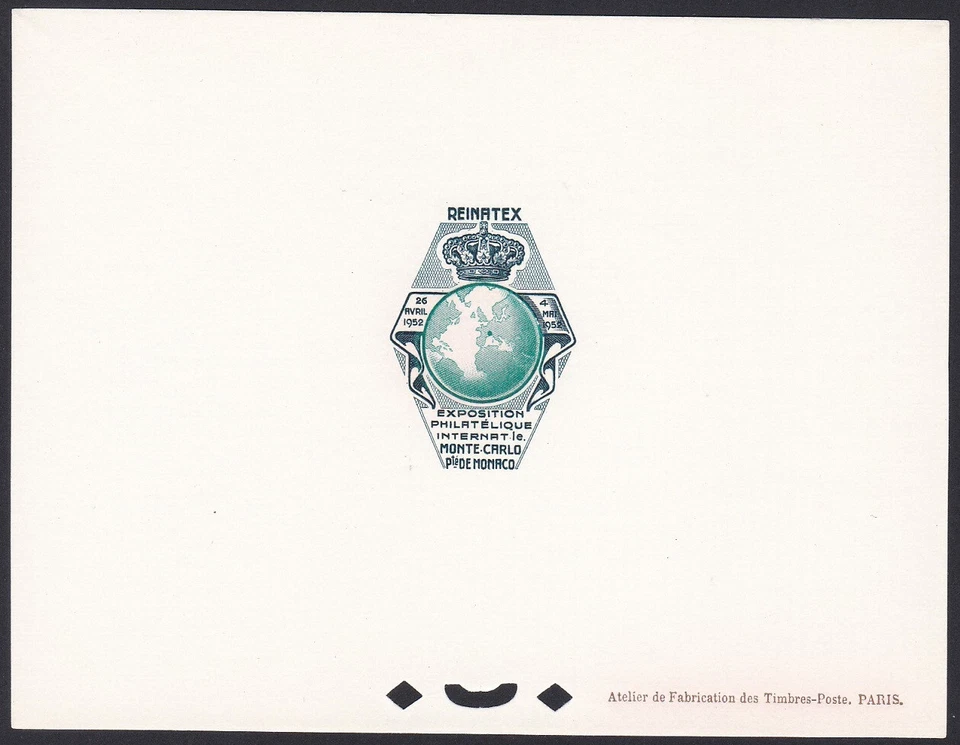 Viñeta Mónaco 1952 REINATEX EXPOSICIÓN FILATELIA, globo terráqueo, mapa, prueba de lujo B Foto 1 de 1