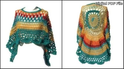 Rainbow Poncho Circular Asymmetric Shawl Crochet Printed  Pattern   - Image 1 of 4