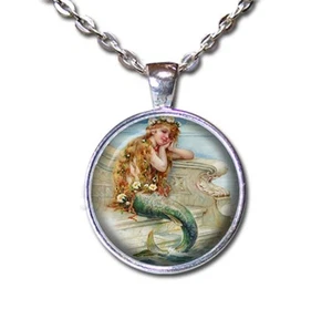 Vintage Little Mermaid Fairy Tales - Handmade ROUND Glass Pendant Necklace - Picture 1 of 10