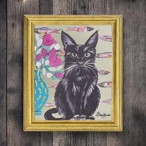 Cat, Fish & Flowers watercolor print of a painting framed, has a stand & hinge - Picture 1 of 2