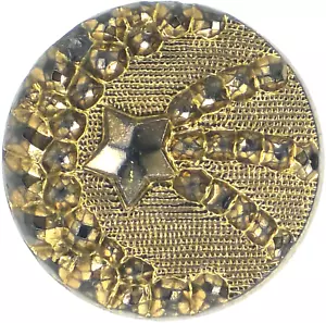 1880s Victorian Black Glass Crescent Moon Shooting Star Button Dark Gold Luster - Picture 1 of 3