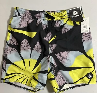 Volcom Boys Poly Party Swim Trunks, Black, Green & Yellow - Large - Brand New - Image 1 of 2