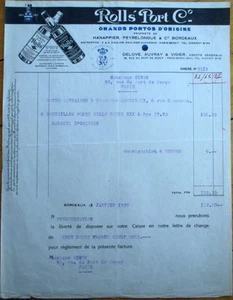 Carta intestata Rolls' Port Wine Co. 1938 - Bordeaux, Francia - Foto 1 di 1