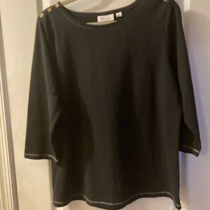 D&Co Black Top Womens Round Neck Embroidered Edges & Button Top Stretch Casual - Picture 1 of 9