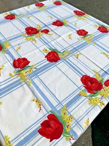 Vintage 1950s MCM Mid Century Wilendur Red Tulip Tablecloth - Cottage chic - Picture 1 of 13