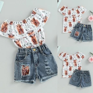 Toddler Kids Baby Girl 2Pcs Summer Outfit Set Cow Print Top Denim Shorts Clothes - Picture 1 of 12