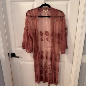 Full Sheer Lace Boho Kimono Duster Cardigan Dusty Rose Pink Size Large Cottage - Picture 1 of 7