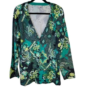Isaac Mizrahi Live! Cardigan Women's L Green White Floral Paisley Coastal Casual - Picture 1 of 7