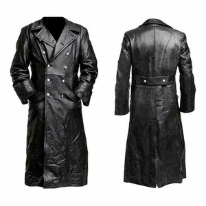 Gabardina larga de cuero estilo oficial militar negra hecha a mano genuina para hombre - Imagen 1 de 8