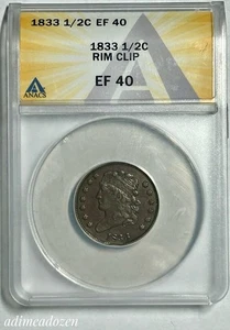 1833 1/2C Mint Error Classic Head Half Cent (ANACS XF40 Rim Clip) RW18924VB - Picture 1 of 4