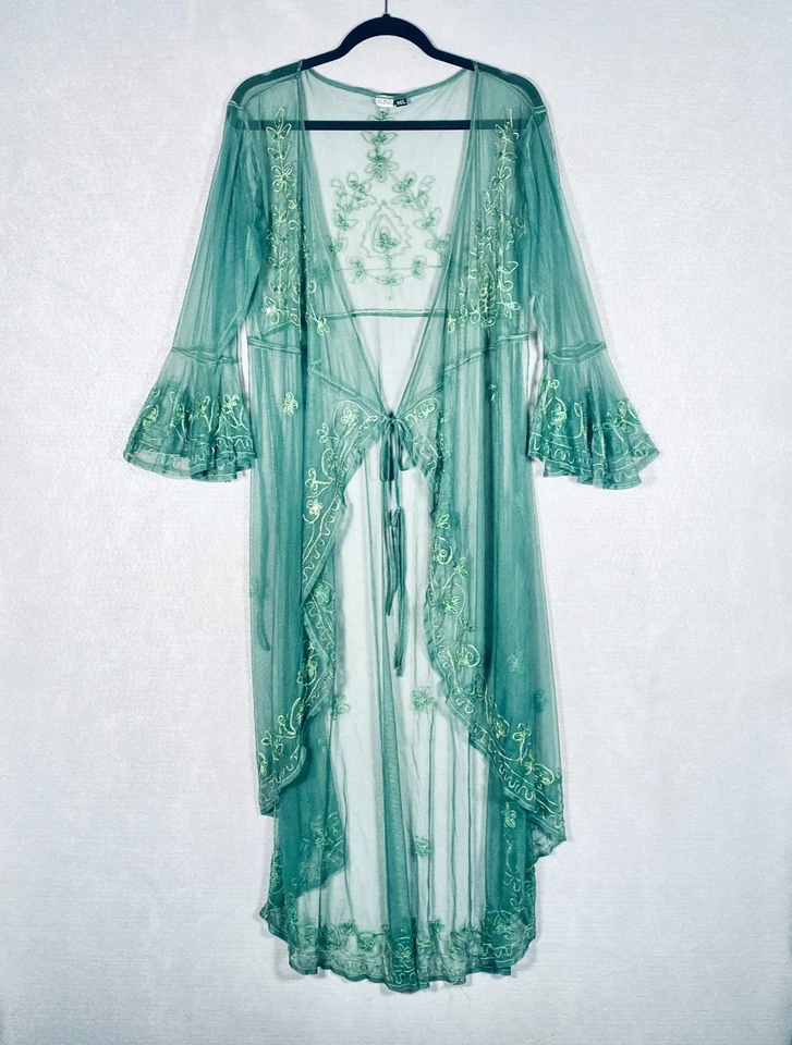 Kimono feminino feito à mão M verde renda lantejoulas gravata espanador frontal - Imagem 1 de 4