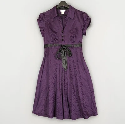 Y2K Robbie Bee Fit & Flair Midi Dress Womens 12 Purple Polkadot ￼ Belted Pleated - Image 1 of 4