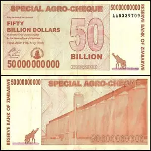 Cheque agrícola especial de 50 mil millones de dólares de Zimbabue, 2008, P-63, dañado - Imagen 1 de 2