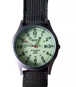 Military Style Mens Date/Time Quartz Watch - Green Luminous Face - Canvas Strap - Picture 1 of 3
