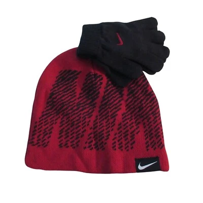耐克儿童冬季帽子健身房红色无袖小便鞋男孩尺寸 8/20 连指手套套装 2 件套 — 第 1/4 张图片