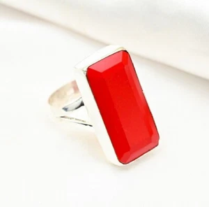 Beautiful Faceted Red Coral Gemstone Handmade 925 Sterling Silver Jewelry Ring - Picture 1 of 4