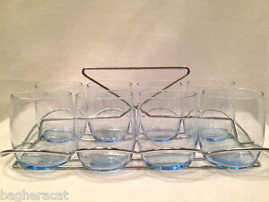 Retro Mid-Century Hostess Set: Ice Blue Glasses with Chrome Caddy