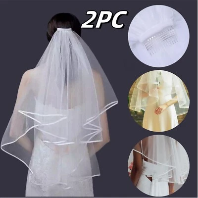 Velo de boda en cascada con peine con borde de cinta doble para foto artística y boda Foto 1 de 4