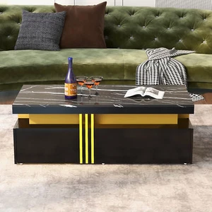 Moderner rechteckiger Couchtisch mit Hochglanzplatte mit 2 Holzschubladen, marm - Bild 1 von 19