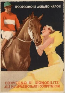 Horse Racing Italy Naples Jockey on Horse Art Deco Woman Poster Style Postcard - Picture 1 of 2