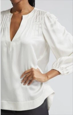 Cinq a Sept Top Womens Large Rita Pintuck Long Sleeve Ivory Silk Pullover - Image 1 of 4