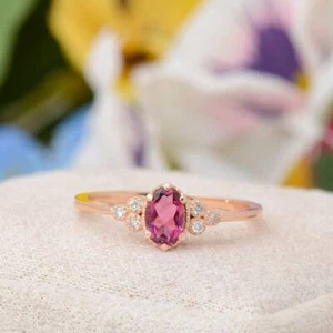 0.45 Ct Pink Tourmaline & Natural Diamond Wedding Prong Ring 14k Rose Gold - Picture 1 of 7