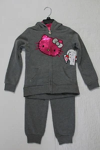 NEW GIRLS HELLO KITTY 2 PIECE GRAY FLEECE ZIP UP JACKET PANTS SET SZ 4, 5, 6, 6X - Picture 1 of 7