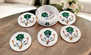 Juego de posavasos arte incrustación patrón floral malaquita mármol blanco de 4 "comedor hecho a mano - Imagen 1 de 6