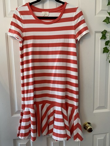 Abito manica corta KATE SPADE bianco corallo a righe netta vita bassa orlo arricciato S