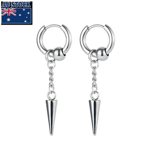 Man Woman Stainless Steel Bead Spike Cone Taper Stud Earring Drop Tassel 2 PCS - Picture 1 of 5