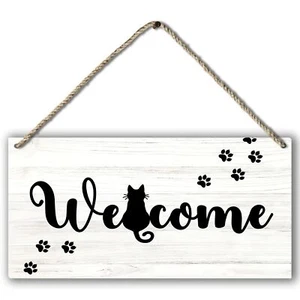 Funny Black Cat Welcome Printed Wood Plaque Sign Wall HangingRustic Hanging W... - Picture 1 of 6