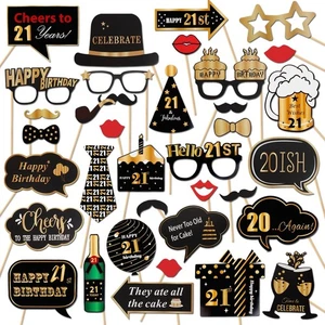 LINGTEER Feliz 21 Cumpleaños Fiesta Fotomatón Accesorios, Saludos 21, Oro Negro  - Imagen 1 de 5