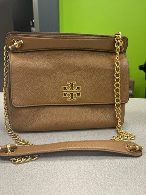 Bolsa de ombro Tory Burch Britten marrom couro pebbled corrente aba bolsa carteiro - Imagem 1 de 4