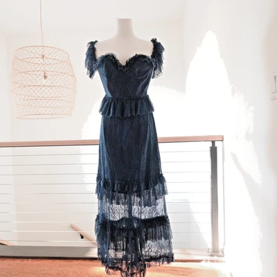 Bardot Lace Maxi Dress XXS Navy Corset Style Off Shoulder Ruffle Formal - Image 1 of 4