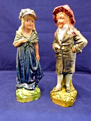 Pair  Majolica  Antique French chalkware  Pottery Figurines Ca: 19C Collectible - Image 1 of 4
