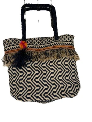 Malini Geometric Fringe Jute Tote Beach Bag Excellent Large Tassel - Image 1 of 4