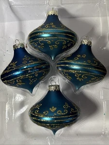 4 Atomic Space Age Pfau blau UFO fliegende Untertassen Glas Weihnachtsschmuck Set - Bild 1 von 7